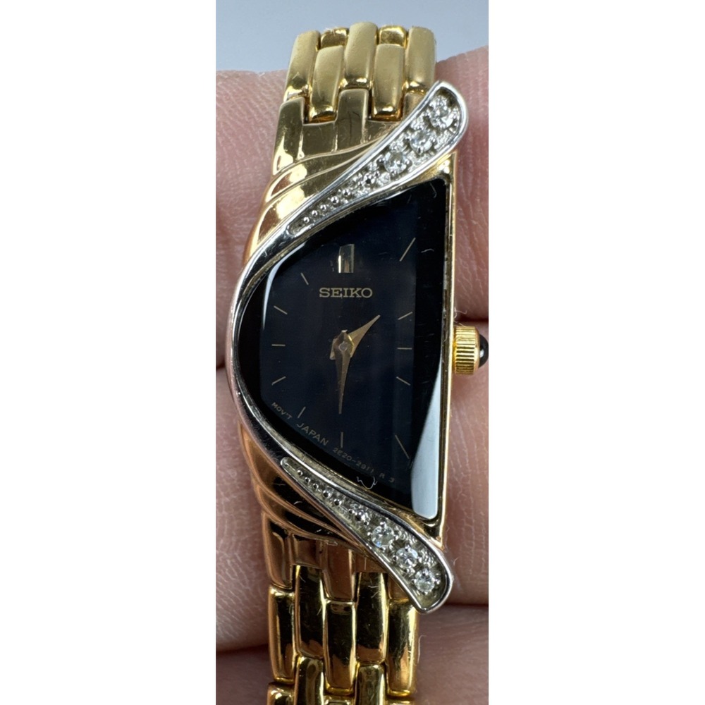 Vintage Seiko Womens Half Moon Watch Diamonds Bezel 2E20-7309 New Battery